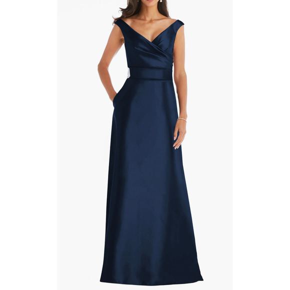 Alfred Sung Off Shoulder Satin Dress 4 Blue NWOT Gown Formal Wedding D811S - Picture 1 of 8